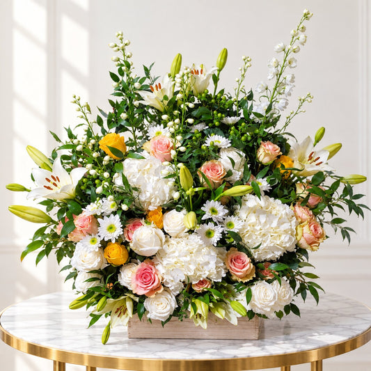 Luxury sympathy flowers with white hydrangeas, blush roses and lilies arranged in a wooden box