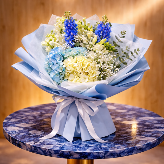 Northern Light blue and white birthday bouquet by Amarilis Flowers
