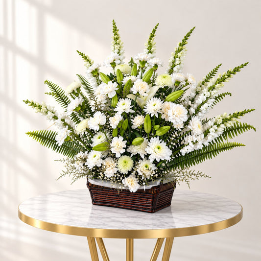 Top view of Peaceful Passage sympathy flower basket with white blooms, lily buds and fresh ferns
