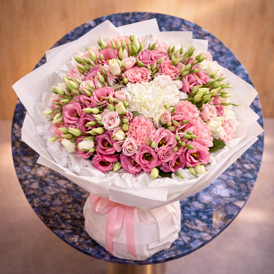 Pink birthday flower bouquet with layered roses, delicate white blooms and satin ribbon