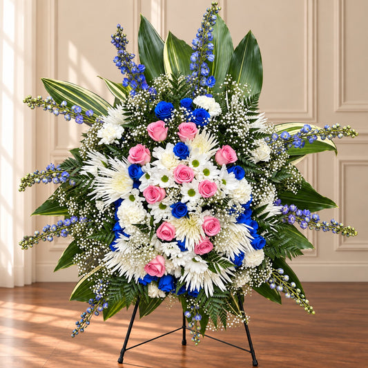 Pink funeral standing spray with pink and blue roses, white chrysanthemums and delphinium on an easel