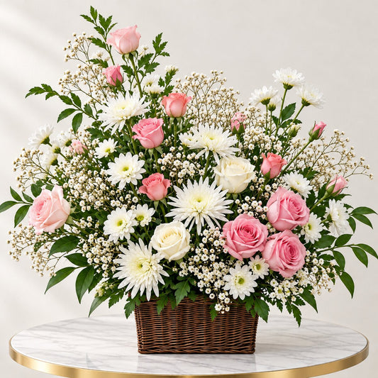 Pink Quiet Reverence sympathy flower basket with roses and white blooms