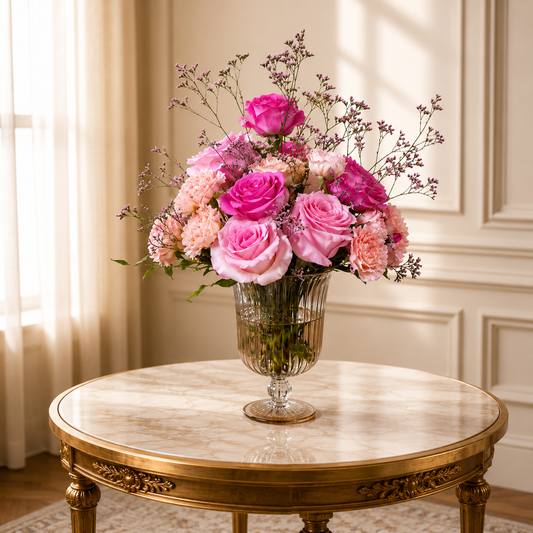 Pink rose centerpiece Toronto in elegant glass pedestal vase