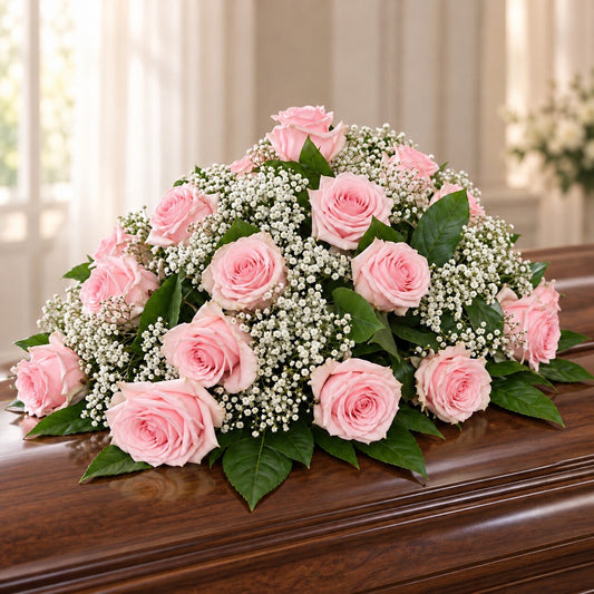 Pink rose funeral casket spray with white baby’s breath for a memorial service