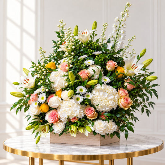 Left side view of premium condolence flowers with white hydrangeas and assorted roses