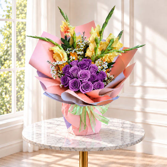 Purple rose and yellow gladiolus bouquet for delivery across the GTA