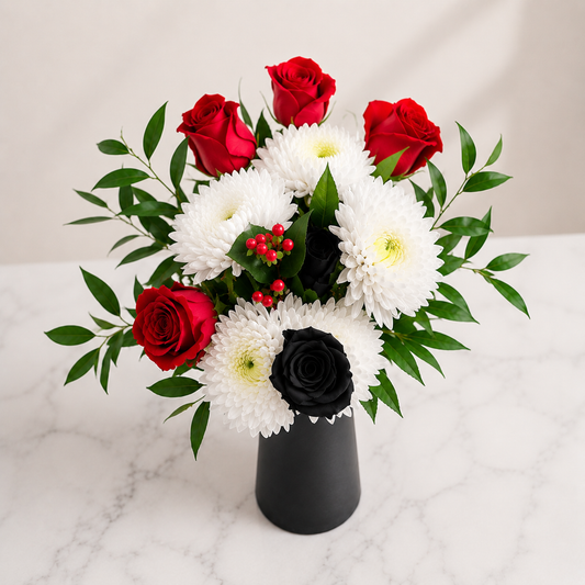 Red and black rose centerpiece available for same day flower delivery Toronto
