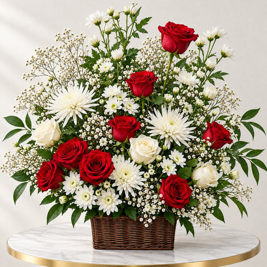 Red and white condolence flower arrangement in a woven basket