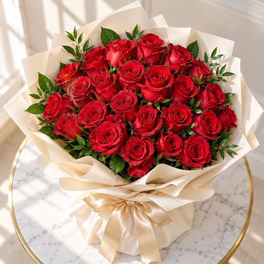 Overhead view of red rose blooms with varied petal shapes, green leaves and ivory paper