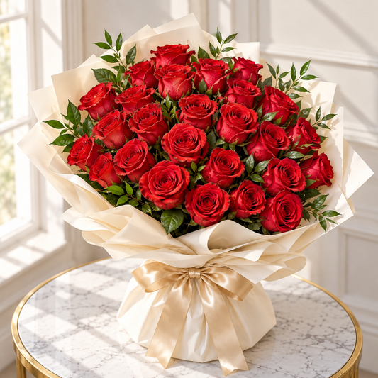 Left-side view of a red rose bouquet with leafy greenery and folded ivory wrapping