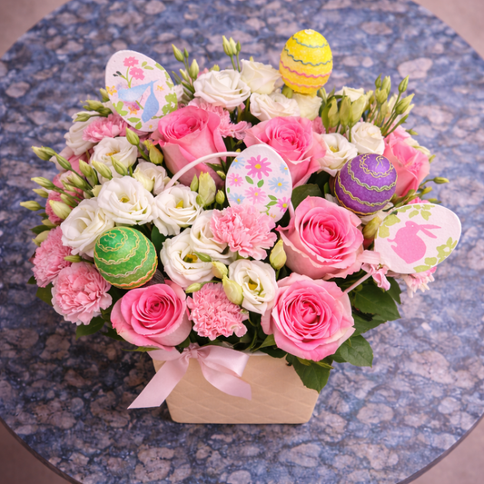 Elegant Easter flower arrangement Toronto featuring pink roses and seasonal decorations