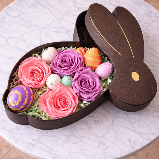 spring flower delivery Toronto bunny box with roses and Easter eggs