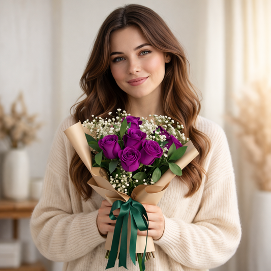 Woman holding purple roses bouquet from Crimson Vows with same day flower delivery Toronto GTA