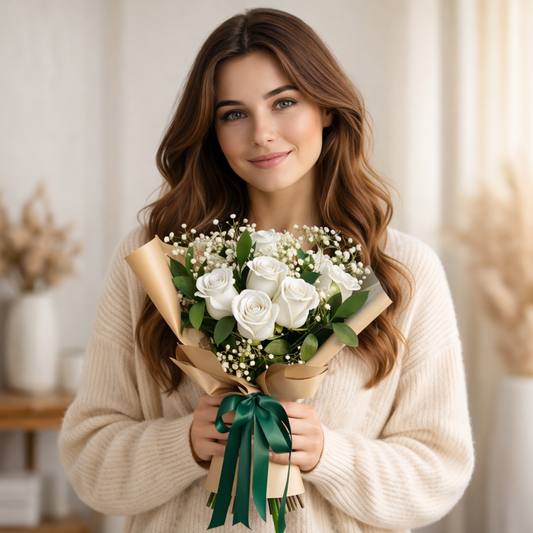 Woman holding white roses bouquet from Crimson Vows with same day flower delivery Toronto GTA