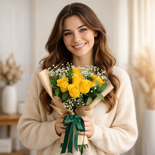 Woman holding yellow roses bouquet from Crimson Vows with same day flower delivery Toronto GTA