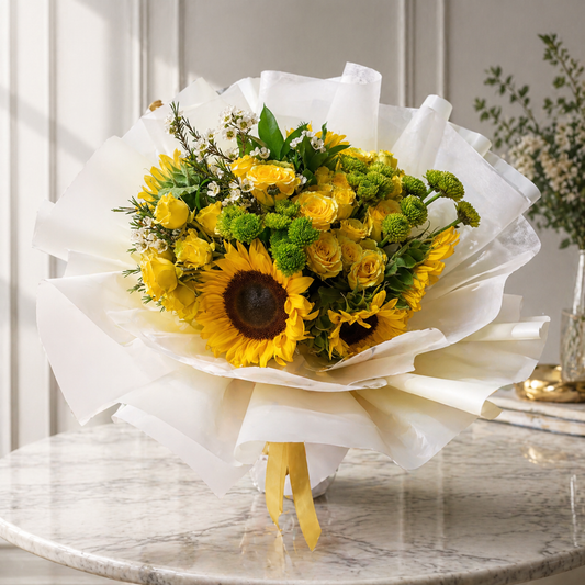 same day flower delivery Toronto sunflowers bouquet with yellow roses and elegant wrapping