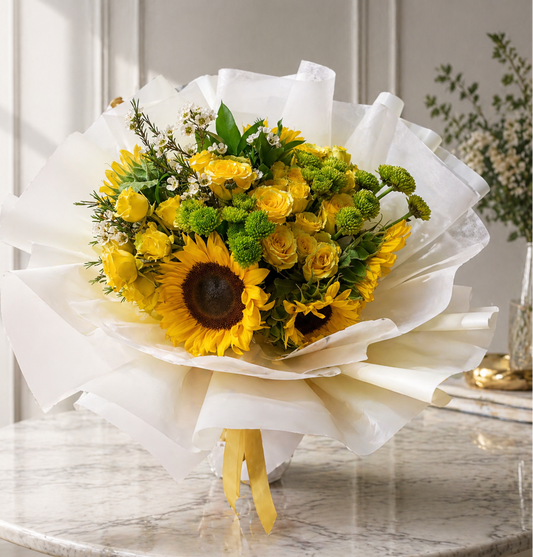 same day flower delivery Toronto sunflowers bouquet with yellow roses and elegant wrapping