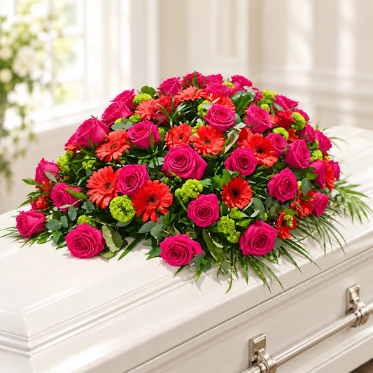 A vibrant, multi-colored floral arrangement of pink and red roses, orange gerbera daisies, and green foliage, displayed on top of a white casket.