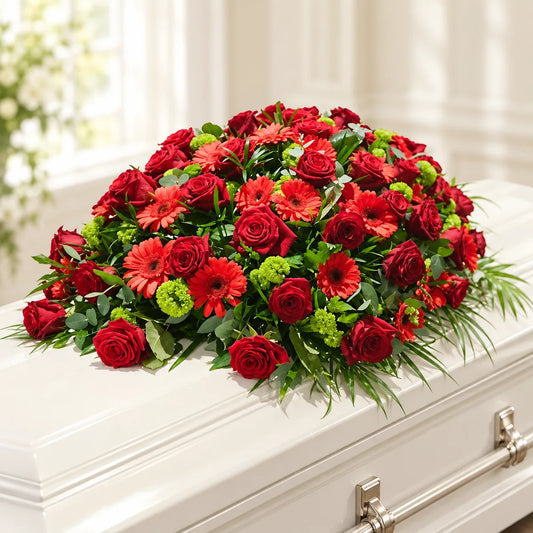 Red rose casket spray with red gerberas and mixed green foliage on an ivory-white casket.
