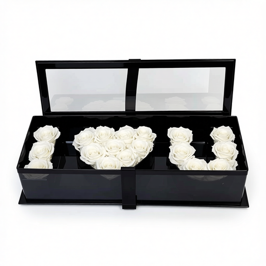 detailed texture of preserved white roses arranged in a luxury flower box toronto