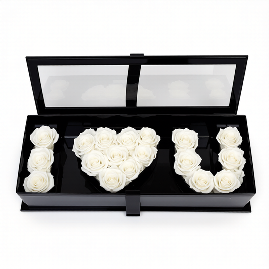 detailed texture of preserved white roses arranged in a luxury flower box