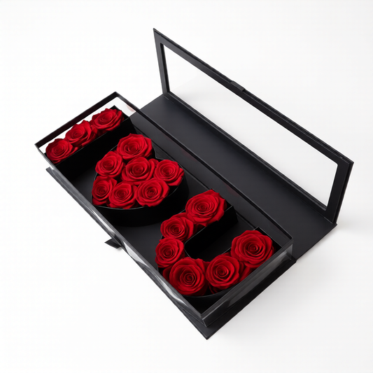 close-up of red preserved red roses arranged in a luxury keepsake black box