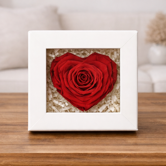 Preserved rose heart displayed inside a white gift box on a wooden table.
