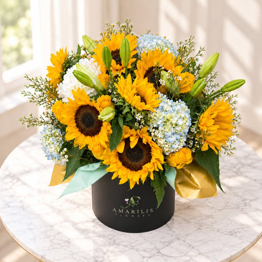 Side view of Sunlit Garden showing sunflowers, blue hydrangeas and yellow roses against a light background