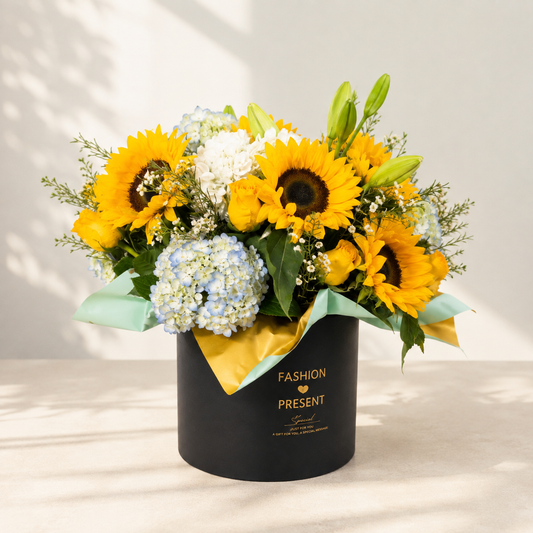 Side view of Sunlit Garden showing sunflowers, blue hydrangeas and yellow roses against a light background