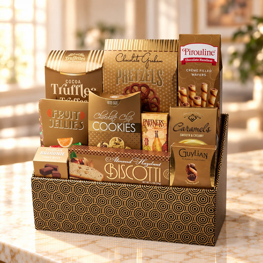 Gourmet gift box Toronto with truffles, cookies, pretzels, biscotti, Pirouline wafers, caramels and Belgian chocolates