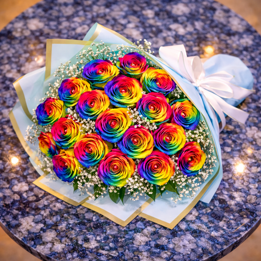 top view rainbow roses wrapped bouquet get well flowers