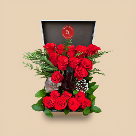 Luxury flower box with premium red roses and greenery