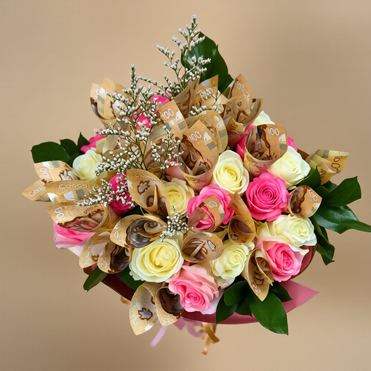 Close-up of Canadian dollar bills arranged in a rose bouquet