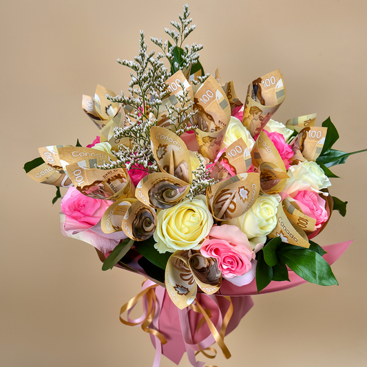 Handcrafted pink and white rose money bouquet for celebrations