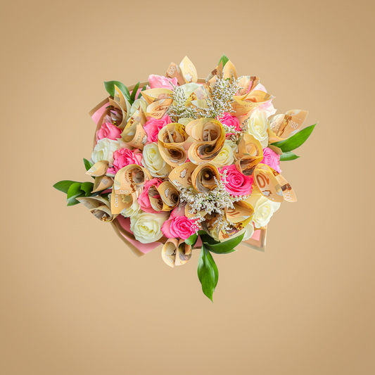 Luxury money bouquet with pink roses, white roses, and $100 CAD bills