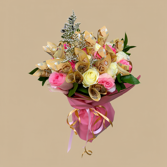 Pink and white money rose bouquet in Toronto with Canadian dollar bills