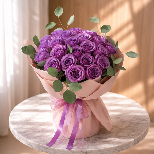 Purple rose bouquet option Whispering Fields floral design.