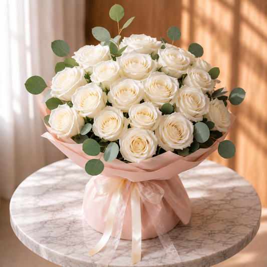 White rose bouquet Whispering Fields with elegant floral design.
