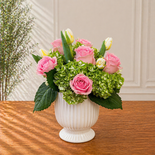 white floral centerpiece Toronto with pink roses soft luxury arrangement