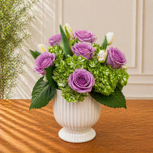 white floral centerpiece Toronto with purple roses premium arrangement