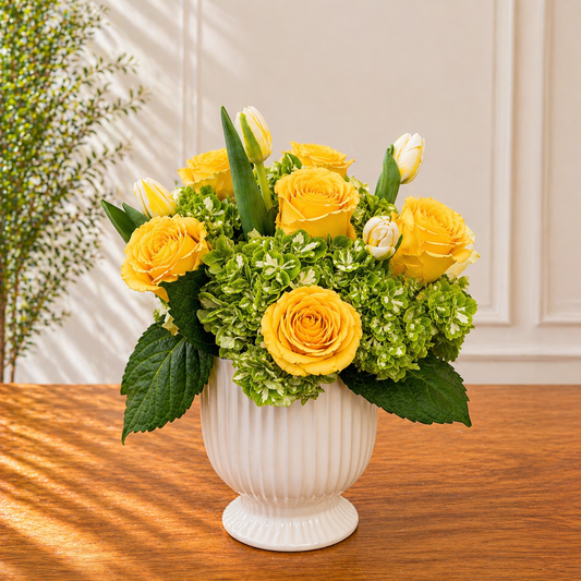 white floral centerpiece Toronto with yellow roses variation elegant design