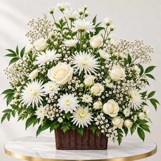 White funeral flower basket with roses and chrysanthemums for Toronto delivery