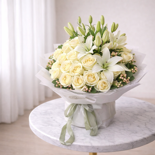 Premium cream rose bouquet Toronto with white lilies