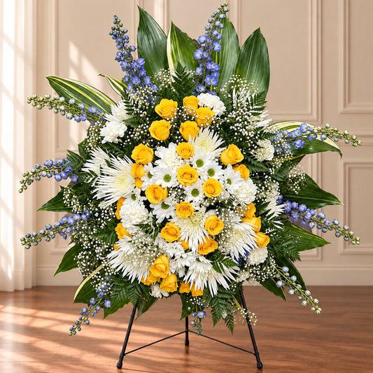 Yellow funeral standing spray with golden roses, white chrysanthemums and blue delphinium on an easel
