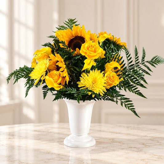 Yellow sympathy flowers Toronto arrangement with sunflowers, yellow roses and chrysanthemums in a white pedestal vase