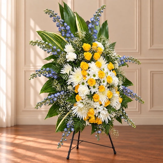 Yellow and white sympathy flowers arranged in a standing tribute for a funeral or memorial