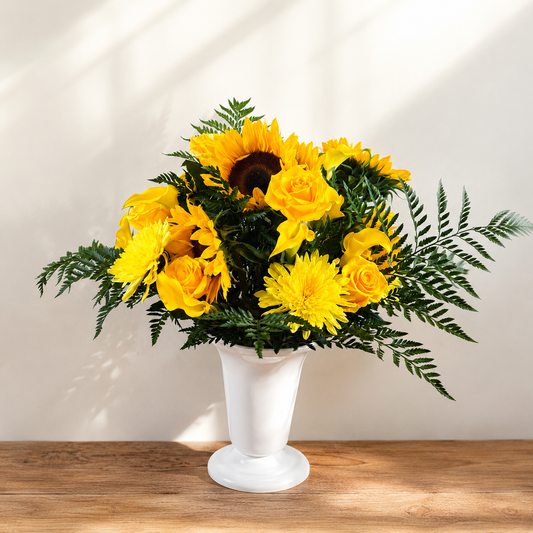 Golden Tribute – Sunflower & Yellow Rose Sympathy Arrangement