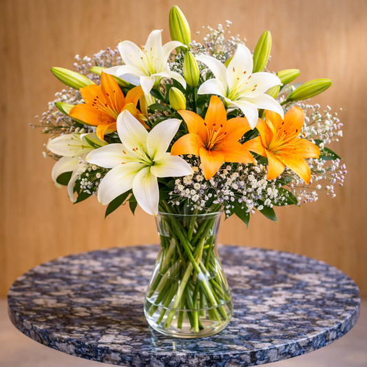 Bouquet of orange and white lilies in a clear vase on a marble table.