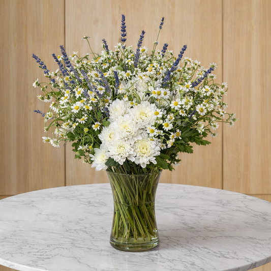 same day flower delivery Toronto Lavender Moon bouquet on marble table