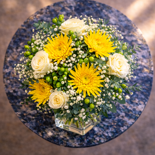 birthday flower arrangement Toronto with yellow and white flowers